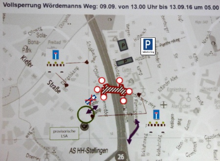 Ein Plan des Wördemanns Wegs über der A7 und den Nebenstraßen mit eingezeichneten Sperrungen und zusätzlich aufgestellten Verkehrszeichen und Ausweichparkplätzen für den Imbekstieg.
